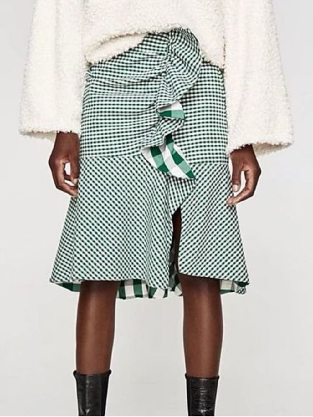 NWT Zara Gingham Ruffle Wrap Midi Skirt Green White Size M